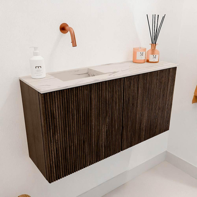 Mondiaz JOYA-DLUX 80cm toiletmeubel - kleur Walnut - Wastafel FAYE positie Links Zonder kraangat kleur Nata.