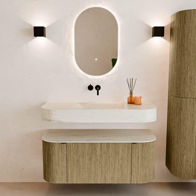 MONDIAZ THOR-DLUX 110cm meuble de salle de bains arrondi gauche + droite couleur Dusk avec 1 tiroir et 2 portes. Vasque suspendue CLOUD Milieu sans trou de robinet couleur Meli.