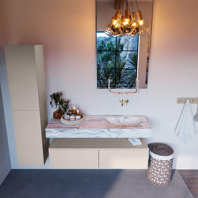 MONDIAZ ALAN - DLUX Ensemble de meubles de salle de bains - 130cm - meuble bas - Linen - 2 tiroirs - lavabo suspendu - vasque à droite - 0 trous de robinetterie - Glace