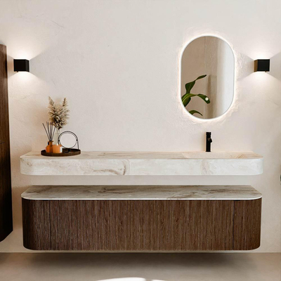 MONDIAZ THOR-DLUX 190cm meuble de salle de bains arrondi gauche + droite couleur Walnut avec 2 tiroirs et 2 portes. Vasque suspendue CLOUD Droite 1 trou de robinet couleur Frappe.