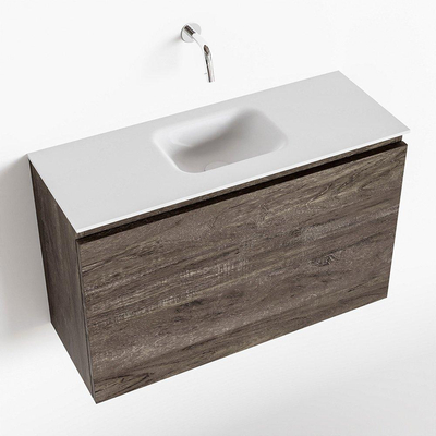 MONDIAZ OLAN Fonteinset - 80x30x40cm - 0 kraangaten - 1 lade - dark brown mat - wasbak midden - Solid Surface Wit