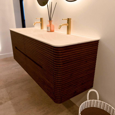 Mondiaz CIRO-DLUX Badkamermeubelset - 140x45x50cm - Solid surface wastafel Meli - 2 wasbak Dubbel - 2 kraangaten - 4 lades - Ruby