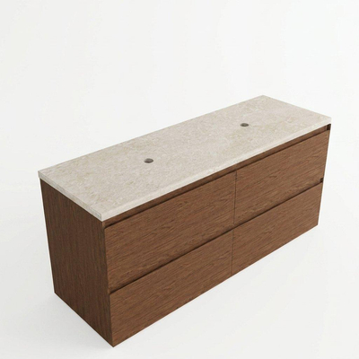 Saniclass Holz Pure Ensemble de meubles de salle de bains - 140x45x63cm - plan de travail en pierre naturelle travertin - sans trou de robinet - 4 tiroirs - walnut pure mat (bois)