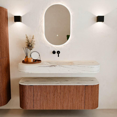 MONDIAZ THOR-DLUX 130cm badmeubel ronding links + rechts kleur Ruby met 1 lade en 2 deuren. Vrijhangende wastafel CLOUD Midden zonder kraangat kleur Nata.