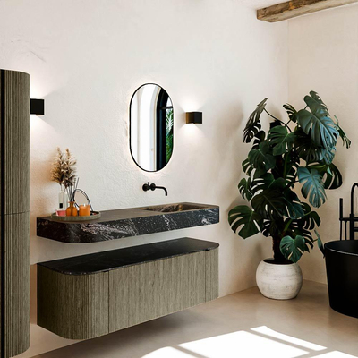 MONDIAZ THOR-DLUX 140cm meuble de salle de bains arrondi gauche + droite couleur Shadow avec 1 tiroir et 2 portes. Vasque suspendue CLOUD droite sans trou de robinet couleur Lava.