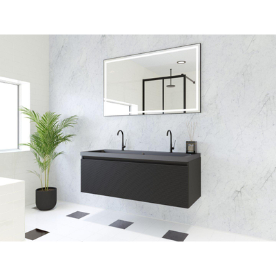 HR badmeubelen Matrix 3D Ensemble meuble de salle de bains 120cm 1 tiroir sans poignée avec profil de prise en main Noir mat avec lavabo Djazz 2 trous de robinet noir mat
