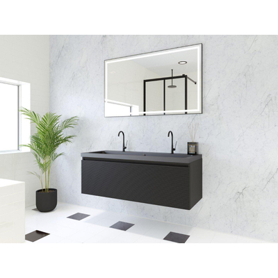 HR Matrix ensemble meuble de salle de bain 3d 120cm 1 tiroir sans poignée avec bandeau couleur noir mat avec lavabo djazz 2 trous de robinetterie noir mat