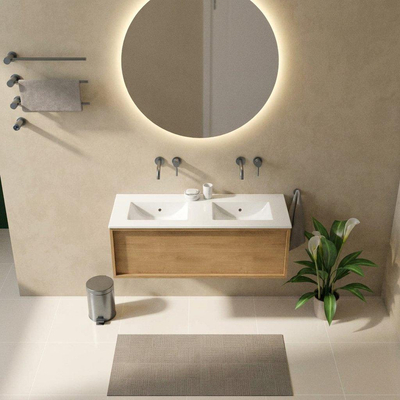 Saniclass Holz Frame Ensemble de meubles de salle de bains - 120x45x42cm - Vygo vasque en céramique blanche - 2 vasques - sans trous de robinet - 1 tiroir - chêne natural mat (bois)