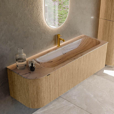 MONDIAZ KURVE-DLUX 145cm badmeubel ronding Links kleur Oak met 1 lade en 1 deur. Wastafel BIG LARGE Rechts 1 kraangat Arena.