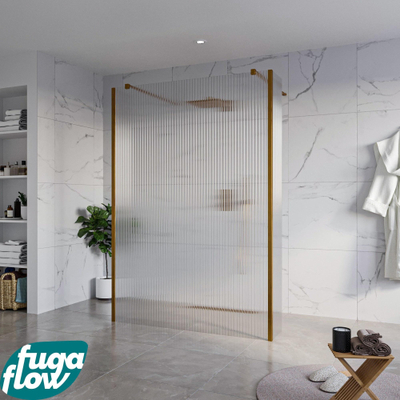 FugaFlow Eccelente Vetro Vrijstaande inloopdouche badkamer - 140x200cm - Helder geribbeld - antikalk - 8mm veiligheidsglas - 2 zijwanden 30cm - met wandarmen en hoekprofielen - Koper geborsteld -