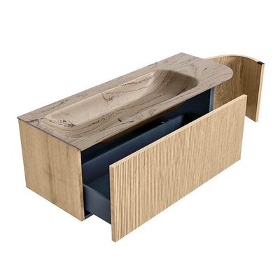 MONDIAZ KURVE-DLUX 125cm badmeubel ronding Rechts kleur Oak met 1 lade en 1 deur. Wastafel BIG MEDIUM Links 1 kraangat Arena.