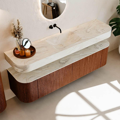 MONDIAZ THOR-DLUX 180cm meuble de salle de bains arrondi gauche + droite couleur Ruby avec 2 tiroirs et 2 portes. Vasque suspendue CLOUD Centre sans trou de robinet couleur Ostra.