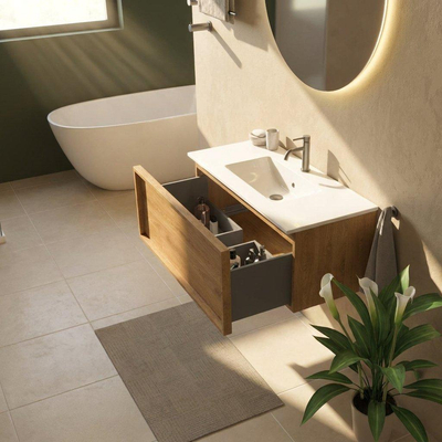 Saniclass Holz Frame Ensemble meuble de salle de bains - 100x45x42cm - Vasque en céramique Vygo blanche - 1 vasque - 1 trou de robinet - 1 tiroir - chêne natural mat (bois)
