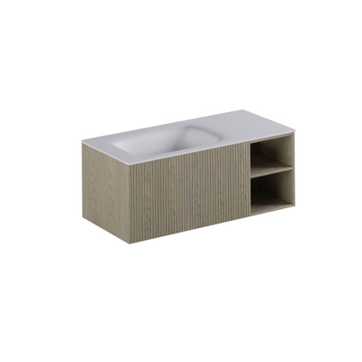 Thebalux Linea Ensemble de meubles de salle de bains - 120x55x46cm - 1 tiroir - sans poignée - Façade rainurée verticale - lavabo Corian - gauche - sans trou de robinetterie - Placage Natural