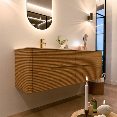 Mondiaz CIRO-DLUX Meuble de salle de bains ensemble - 150x45x50cm - Vasque en solid surface Ostra - 1 lavabo à gauche - 1 trou de robinet - 4 tiroirs - Chêne