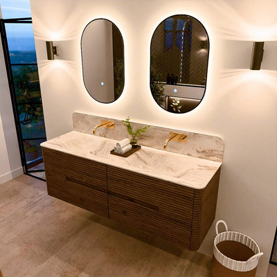 Mondiaz CIRO-DLUX Badkamermeubelset - 150x45x50cm - Solid surface wastafel Frappe - 2 wasbak Dubbel - zonder kraangaten - 4 lades - Dusk