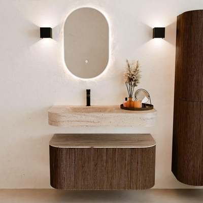MONDIAZ THOR-DLUX 100cm badmeubel ronding links + rechts kleur Walnut met 1 lade en 2 deuren. Vrijhangende wastafel CLOUD Links 1 kraangat kleur Saba.