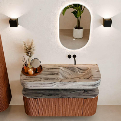 MONDIAZ THOR-DLUX 120cm meuble de salle de bains arrondi gauche + droite couleur Ruby avec 1 tiroir et 2 portes. Vasque suspendue CLOUD Droite sans trou de robinet couleur Sombra.