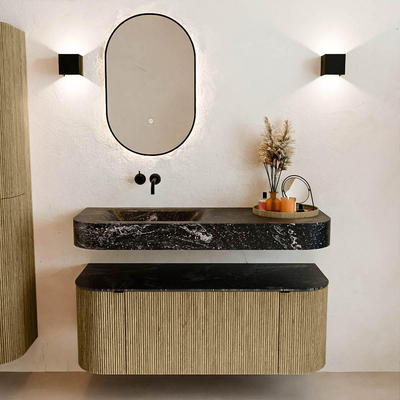 MONDIAZ THOR-DLUX 120cm meuble de salle de bains arrondi gauche + droite couleur Dusk avec 1 tiroir et 2 portes. Vasque suspendue CLOUD gauche sans trou de robinet couleur Lava.