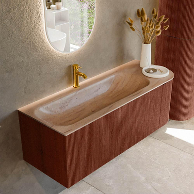 MONDIAZ KURVE-DLUX 125cm badmeubel ronding Rechts kleur Ruby met 1 lade en 1 deur. Wastafel BIG MEDIUM Links 1 kraangat Saba.