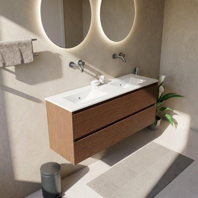Saniclass Holz Pure Ensemble de meubles de salle de bains - 140x45x62cm - lavabo Vygo en céramique blanc - 2 vasques - sans trous de robinetterie - 4 tiroirs - brillant walnut pure (bois)