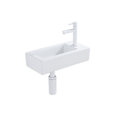 QeramiQ Fuente Ensemble lave-mains - 37.5x18.5x9cm - céramique - trou de robinet à droite - robinet lave-mains blanc mat - bouchon de vidage - siphon bas - Blanc brillant