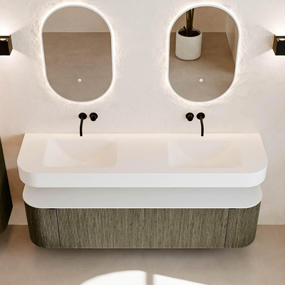 MONDIAZ THOR 170cm meuble de salle de bains arrondi gauche + droite couleur Shadow avec 1 tiroir et 2 portes. Vasque suspendue CLOUD Double sans trou de robinet couleur Talc.