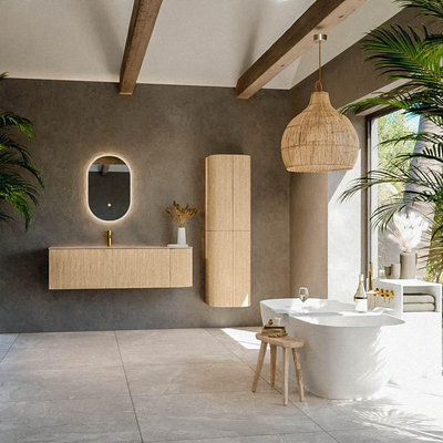 MONDIAZ KURVE-DLUX Meuble de salle de bains 145cm arrondi à droite couleur chêne avec 1 tiroir et 1 porte. Lavabo BIG LARGE à gauche 1 trou de robinet Saba.