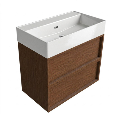 Saniclass Holz Frame Ensemble de meubles de salle de bains - 80x45x72cm - Legend lavabo en céramique blanc - 1 vasque - sans trou de robinet - 2 tiroirs - noyer pure mat (bois)