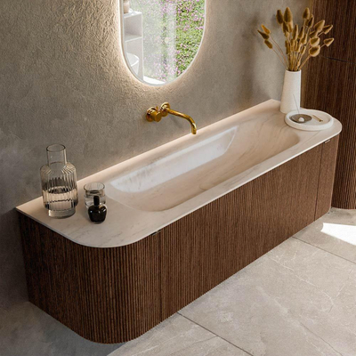 MONDIAZ KURVE-DLUX 150cm badmeubel ronding Links + Rechts kleur Walnut met 1 lade en 2 deuren. Wastafel BIG MEDIUM Midden zonder kraangat Meli.
