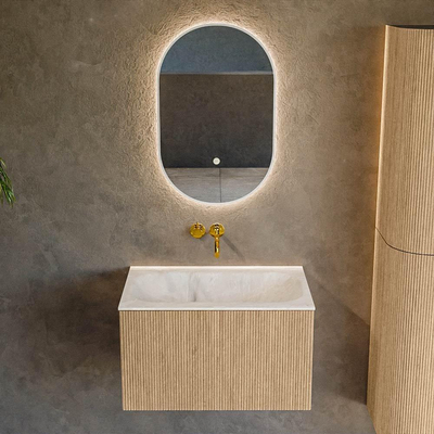 MONDIAZ KURVE-DLUX 70cm badmeubel kleur Oak met 1 lade. Wastafel BIG SMALL midden zonder kraangat kleur Frappe.
