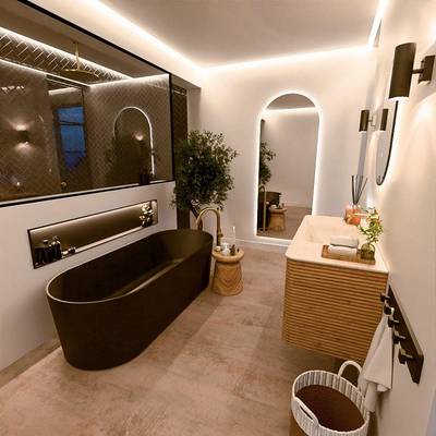 Mondiaz CIRO-DLUX Meuble de salle de bains - 110x45x50cm - Lavabo solid surface Meli - 1 vasque au milieu - sans trous de robinet - 2 tiroirs - Chêne