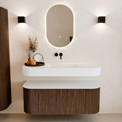 MONDIAZ THOR 120cm meuble de salle de bains arrondi gauche + droite couleur Walnut avec 1 tiroir et 2 portes. Vasque suspendue CLOUD Milieu sans trou de robinet couleur Talc.
