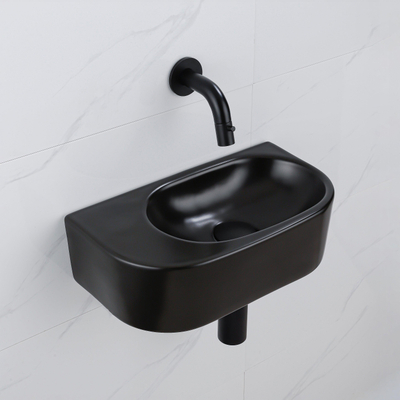 QeramiQ Fuente Ensemble de Lavabo - 40x21.5x12cm - lisse - demi-rond - céramique - ensemble de robinet noir mat - bouchon de vidange - siphon abaissé - noir mat