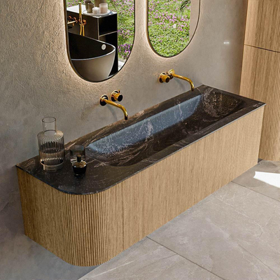 MONDIAZ KURVE-DLUX 145cm Meuble salle de bain avec module 25 G - couleur Oak - 1 tiroir - 1 porte - vasque BIG LARGE droite - sans trou de robinet - couleur Lava