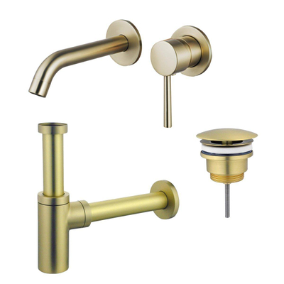 Fortifura Calvi Wastafelkraanset - inbouw wastafelkraan - always open plug - design sifon - Geborsteld Messing PVD (Goud)