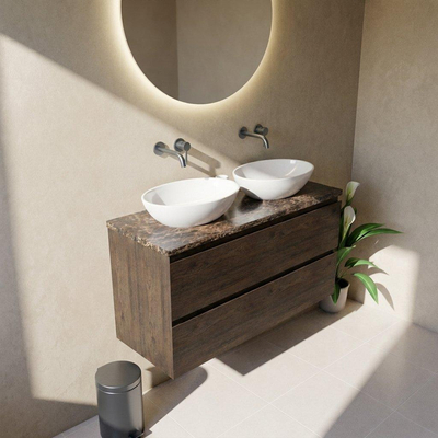 Saniclass Holz Pure Ensemble de meubles de salle de bains - 120x45x63cm - Plan de travail en pierre naturelle Noche dark emperador - sans trou de robinet - 4 tiroirs - chêne charcoal mat (bois)
