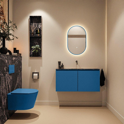 MONDIAZ TURE-DLUX Meuble toilette - 100cm - Jeans - EDEN - vasque Lava - position centrale - sans trou de robinet