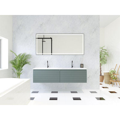 HR Matrix ensemble meuble de salle de bain 3d 160cm 2 tiroirs sans poignée avec bandeau de poignée couleur pétrole mat avec lavabo fin 2 trous de robinetterie blanc mat