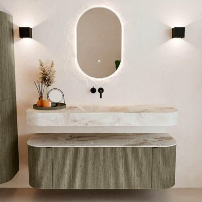 MONDIAZ THOR-DLUX 140cm meuble de salle de bains arrondi gauche + droite couleur Shadow avec 1 tiroir et 2 portes. Vasque suspendue CLOUD Milieu sans trou de robinet couleur Frappe.