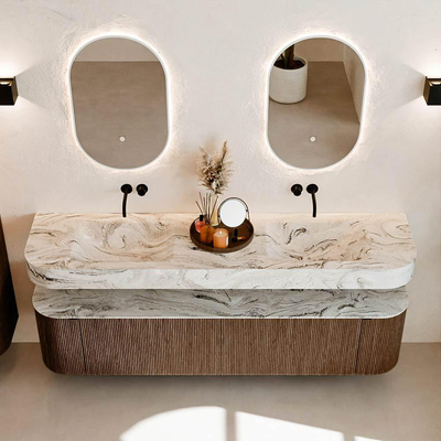 MONDIAZ THOR-DLUX 190cm badmeubel ronding links + rechts kleur Walnut met 2 lades en 2 deuren. Vrijhangende wastafel CLOUD Dubbel zonder kraangat kleur Glace.