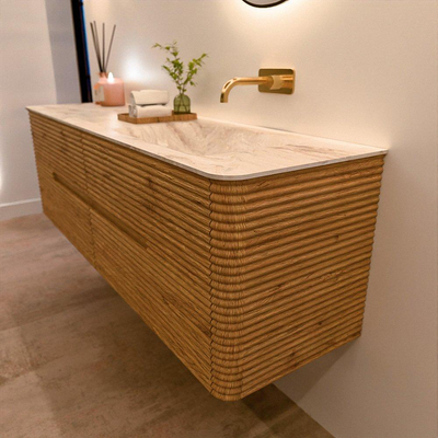 Mondiaz CIRO-DLUX Meuble de salle de bains - 160x45x50cm - Plan vasque solid surface Frappe - 1 vasque à droite - sans trous de robinetterie - 4 tiroirs - Chêne