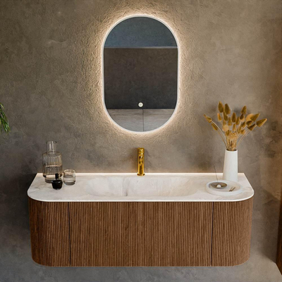 MONDIAZ KURVE-DLUX 130cm Meuble salle de bain avec module 25 G et D - couleur Walnut - 1 tiroir - 2 portes - vasque BIG SMALL centre - 1 trou de robinet - couleur Frappe