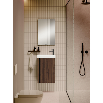 Saniclass Chaci Ensemble meuble lave-mains - 40x55cm - 1 porte - lavabo fontaine en marbre minéral - avec miroir rectangulaire - noyer