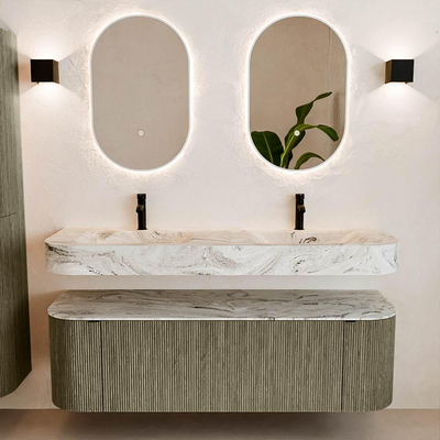 MONDIAZ THOR-DLUX 150cm meuble de salle de bains arrondi gauche + droite couleur Shadow avec 1 tiroir et 2 portes. Vasque suspendue CLOUD Double 2 trous de robinet couleur Glace.