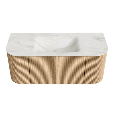 MONDIAZ KURVE-DLUX 110cm Meuble salle de bain avec module 25 G et D - couleur Oak - 1 tiroir - 2 portes - vasque CLOUD centre - sans trou de robinet - couleur Ostra