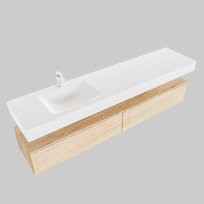 MONDIAZ ALAN 200cm - meuble bas - chêne blanchi - 2 tiroirs - lavabo suspendu - vasque à gauche - 1 trou de robinet - talc