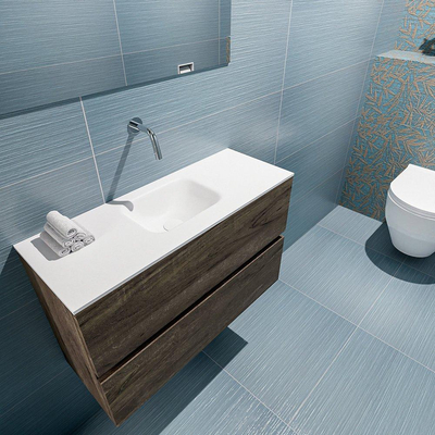 MONDIAZ ADA Toiletmeubel - 80x30x50cm - 0 kraangaten - 2 lades - dark brown mat - wasbak midden - Solid surface - Wit