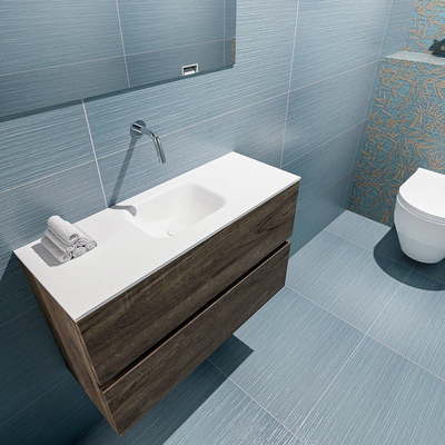 MONDIAZ ADA Meuble WC - 80x30x50cm - 0 trous de robinet - 2 tiroirs - dark brown mat - vasque au centre - Solid surface - Blanc