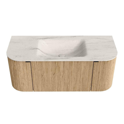 MONDIAZ KURVE-DLUX 110cm badmeubel ronding Links + Rechts kleur Oak met 1 lade en 2 deuren. Wastafel CLOUD Midden 1 kraangat Meli.